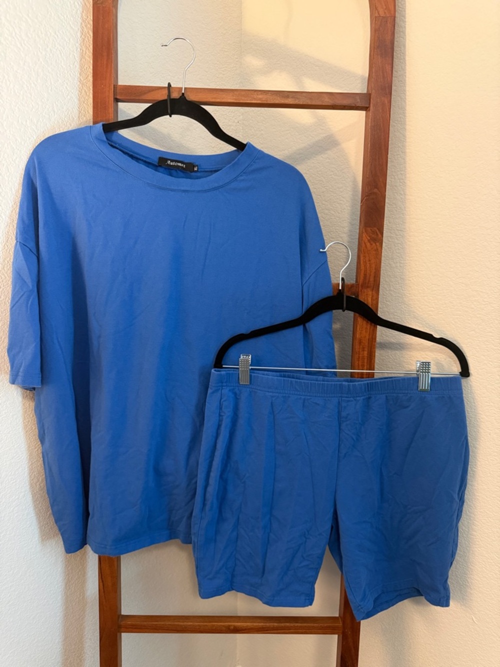 Relaxed Short Sleeve Pajama Top & Bike Shorts - Lounge Set Blue Size XL